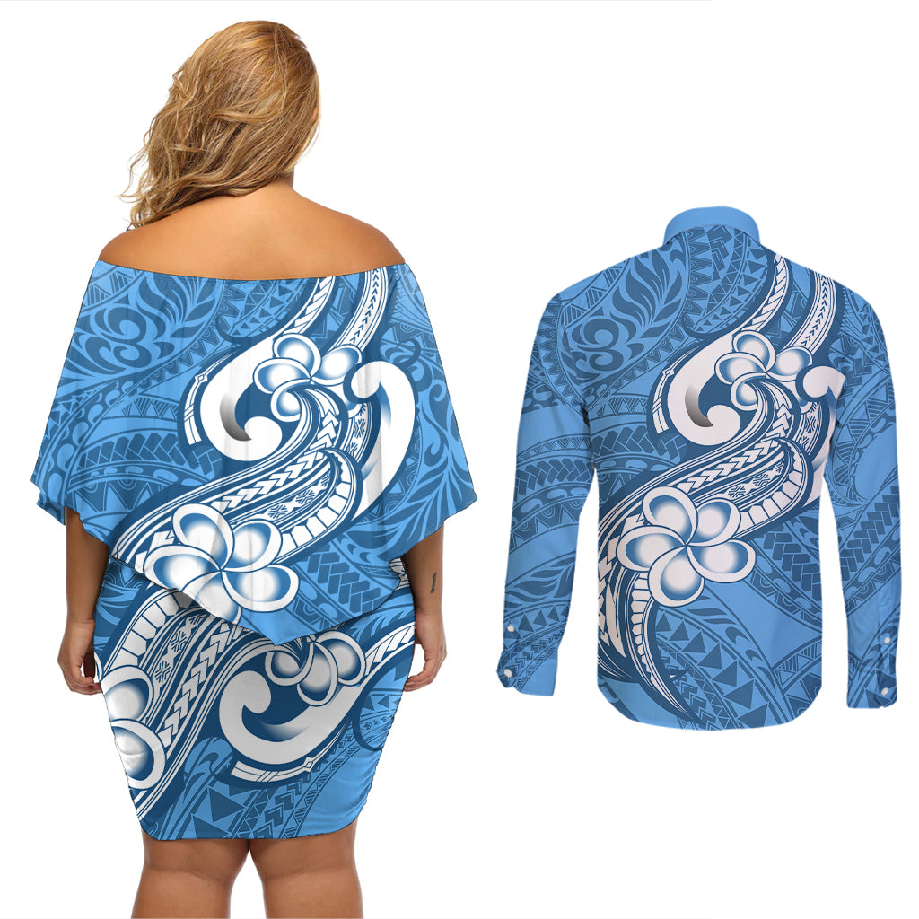 Polynesia Couples Matching Off Shoulder Short Dress and Long Sleeve Button Shirts Plumeria With Tribal Pattern Blue Pastel Vibes - Wonder Print Shop