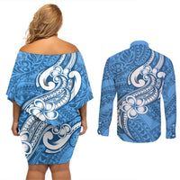 Polynesia Couples Matching Off Shoulder Short Dress and Long Sleeve Button Shirts Plumeria With Tribal Pattern Blue Pastel Vibes - Wonder Print Shop