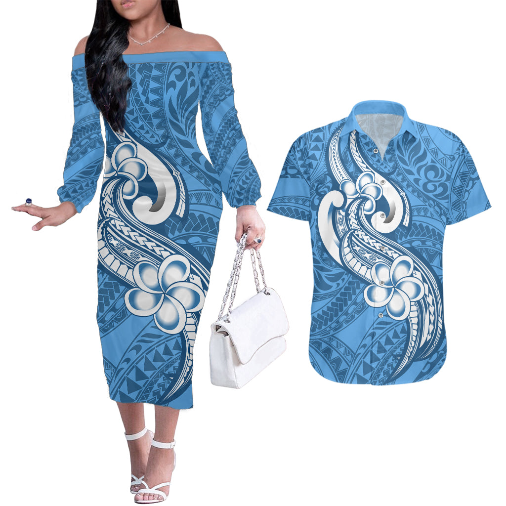 Polynesia Couples Matching Off The Shoulder Long Sleeve Dress and Hawaiian Shirt Plumeria With Tribal Pattern Blue Pastel Vibes - Wonder Print Shop