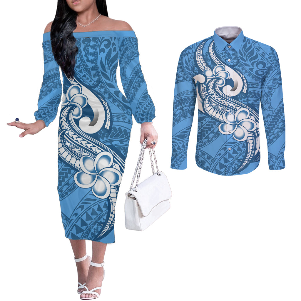 polynesia-couples-matching-off-the-shoulder-long-sleeve-dress-and-long-sleeve-button-shirts-plumeria-with-tribal-pattern-blue-pastel-vibes
