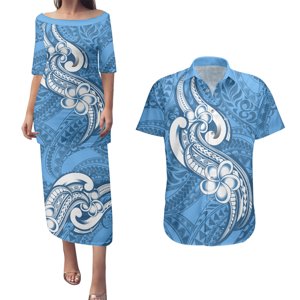 Polynesia Couples Matching Puletasi Dress and Hawaiian Shirt Plumeria With Tribal Pattern Blue Pastel Vibes - Wonder Print Shop