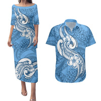 Polynesia Couples Matching Puletasi Dress and Hawaiian Shirt Plumeria With Tribal Pattern Blue Pastel Vibes - Wonder Print Shop