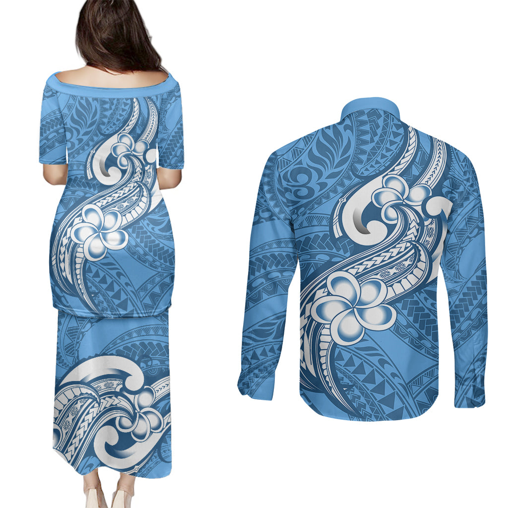 Polynesia Couples Matching Puletasi Dress and Long Sleeve Button Shirts Plumeria With Tribal Pattern Blue Pastel Vibes - Wonder Print Shop