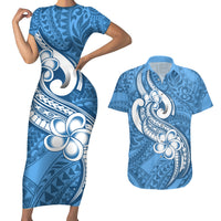 Polynesia Couples Matching Short Sleeve Bodycon Dress and Hawaiian Shirt Plumeria With Tribal Pattern Blue Pastel Vibes - Wonder Print Shop
