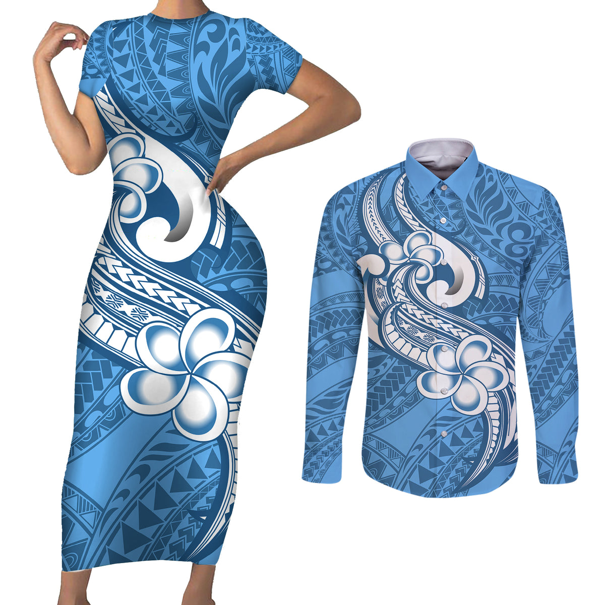 Polynesia Couples Matching Short Sleeve Bodycon Dress and Long Sleeve Button Shirts Plumeria With Tribal Pattern Blue Pastel Vibes - Wonder Print Shop