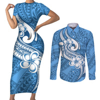 Polynesia Couples Matching Short Sleeve Bodycon Dress and Long Sleeve Button Shirts Plumeria With Tribal Pattern Blue Pastel Vibes - Wonder Print Shop