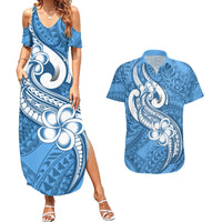 Polynesia Couples Matching Summer Maxi Dress and Hawaiian Shirt Plumeria With Tribal Pattern Blue Pastel Vibes - Wonder Print Shop