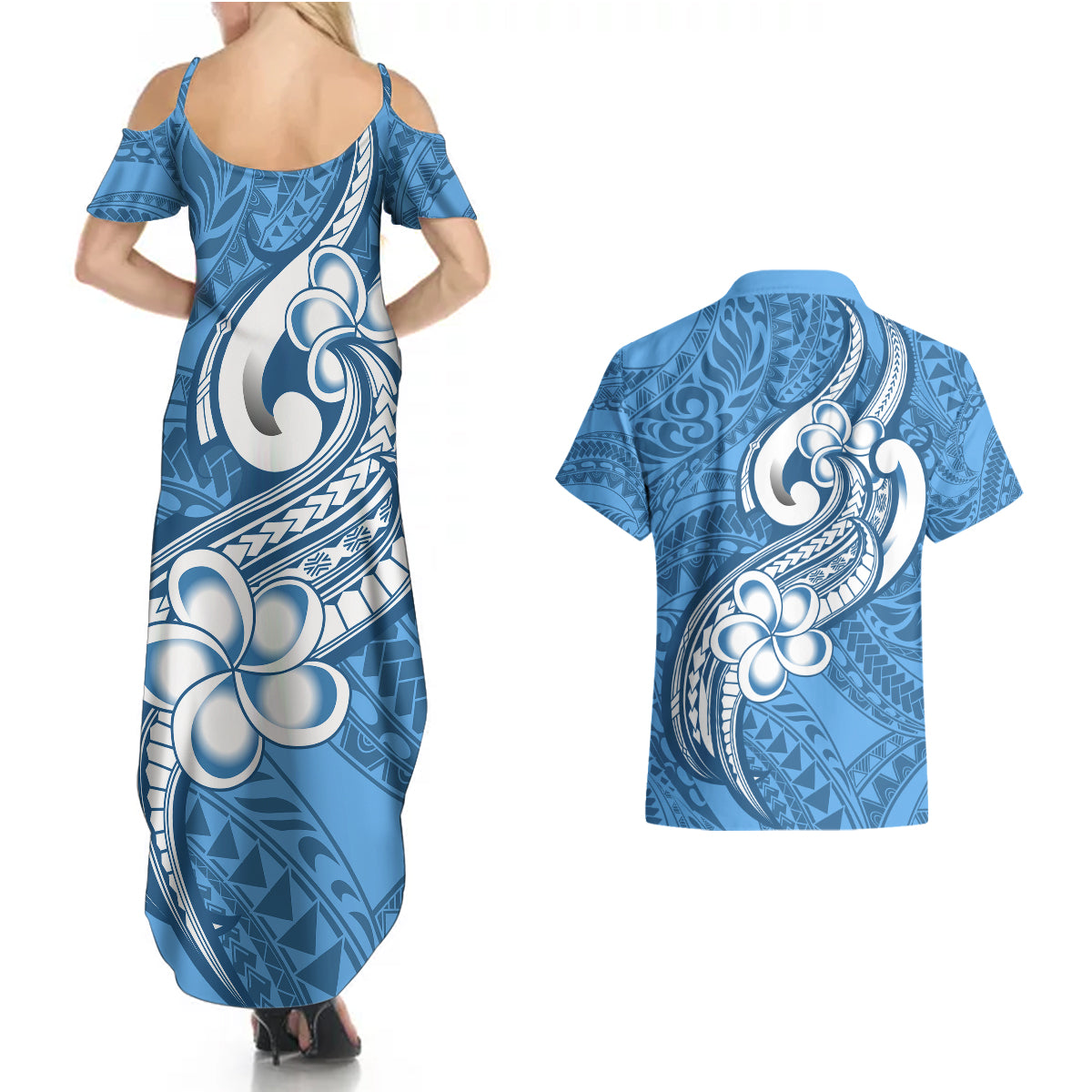 Polynesia Couples Matching Summer Maxi Dress and Hawaiian Shirt Plumeria With Tribal Pattern Blue Pastel Vibes - Wonder Print Shop