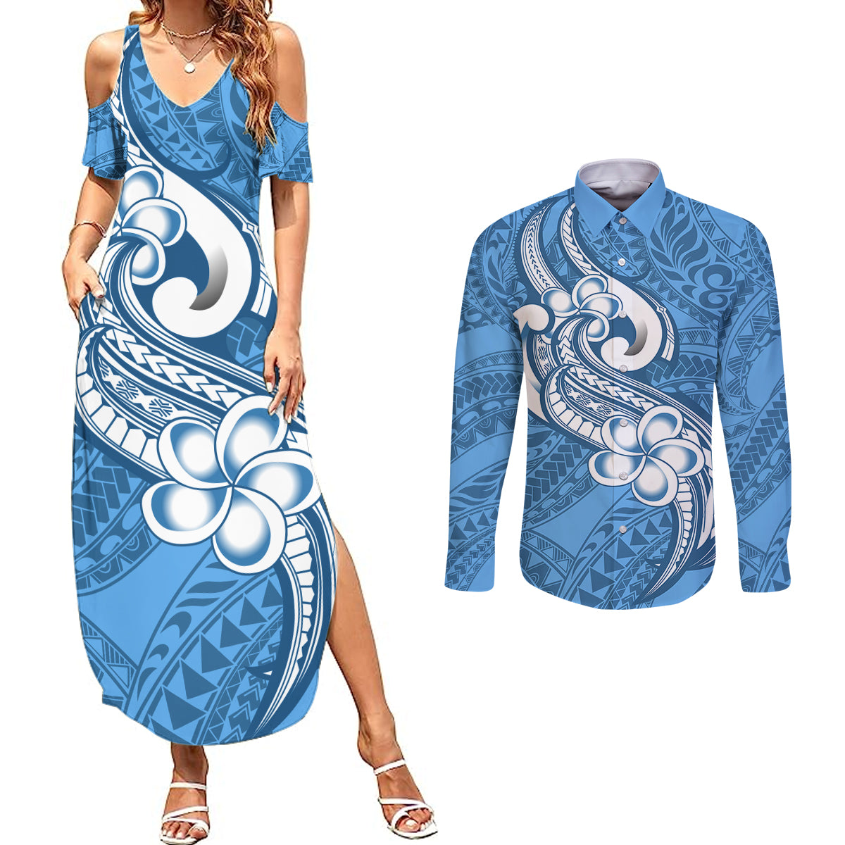 Polynesia Couples Matching Summer Maxi Dress and Long Sleeve Button Shirts Plumeria With Tribal Pattern Blue Pastel Vibes - Wonder Print Shop