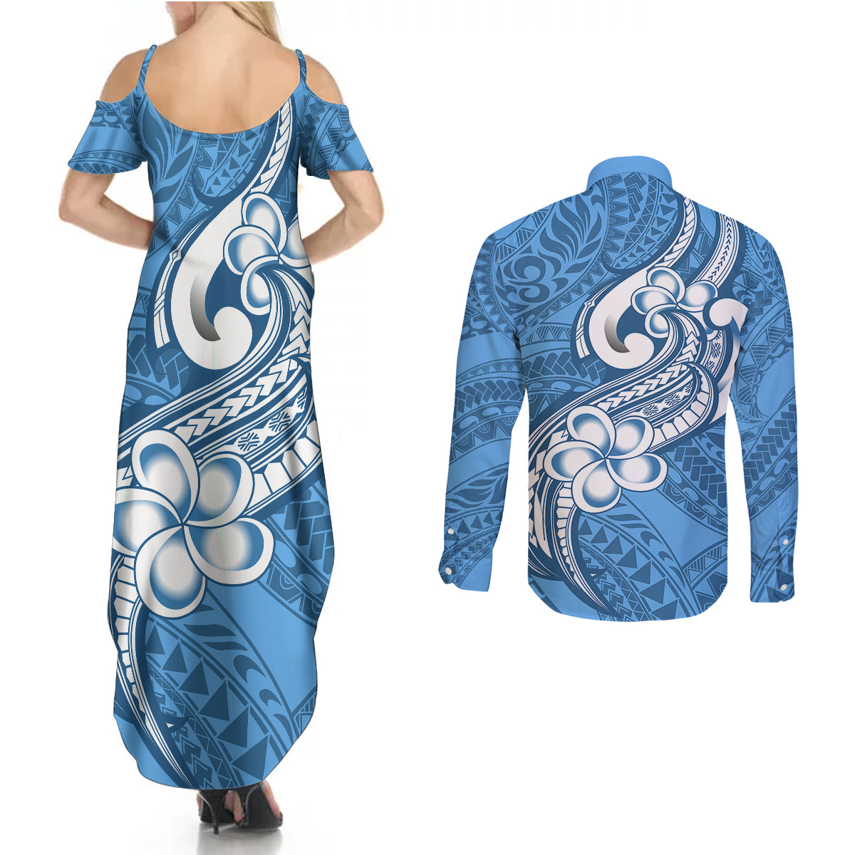 Polynesia Couples Matching Summer Maxi Dress and Long Sleeve Button Shirts Plumeria With Tribal Pattern Blue Pastel Vibes - Wonder Print Shop