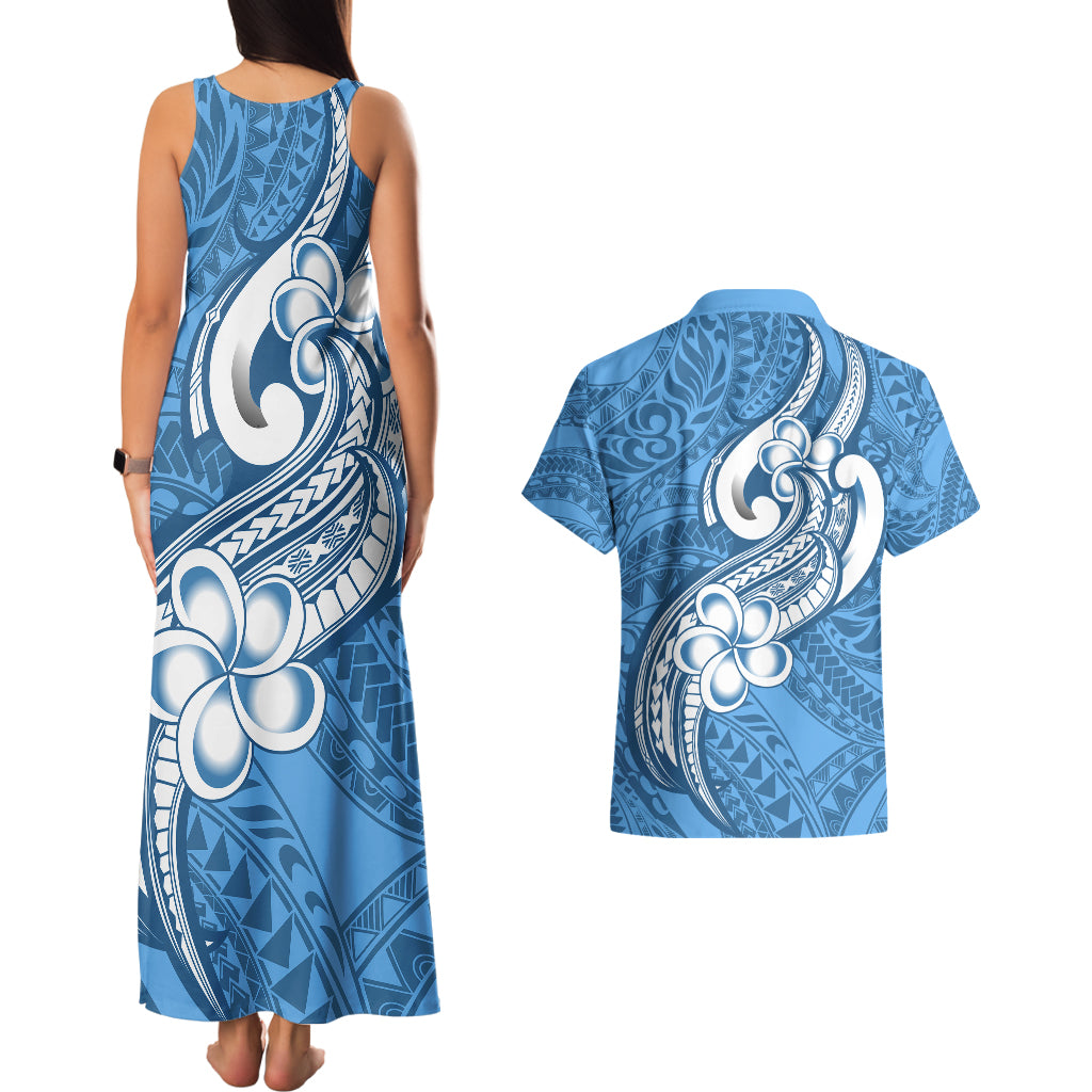 Polynesia Couples Matching Tank Maxi Dress and Hawaiian Shirt Plumeria With Tribal Pattern Blue Pastel Vibes - Wonder Print Shop
