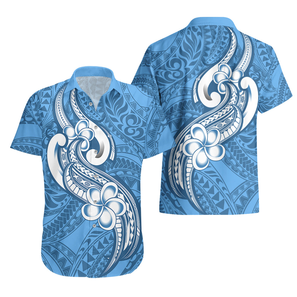 Polynesia Hawaiian Shirt Plumeria With Tribal Pattern Blue Pastel Vibes - Wonder Print Shop