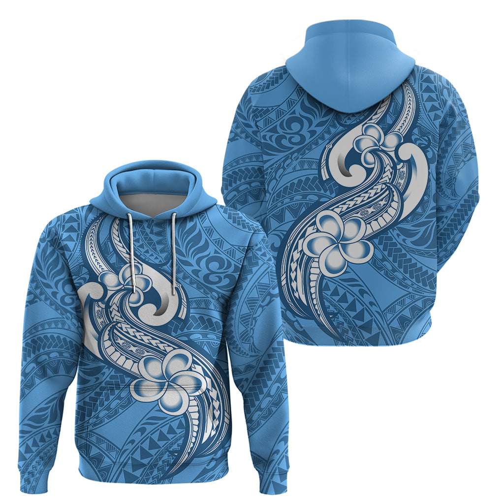 Polynesia Hoodie Plumeria With Tribal Pattern Blue Pastel Vibes - Wonder Print Shop
