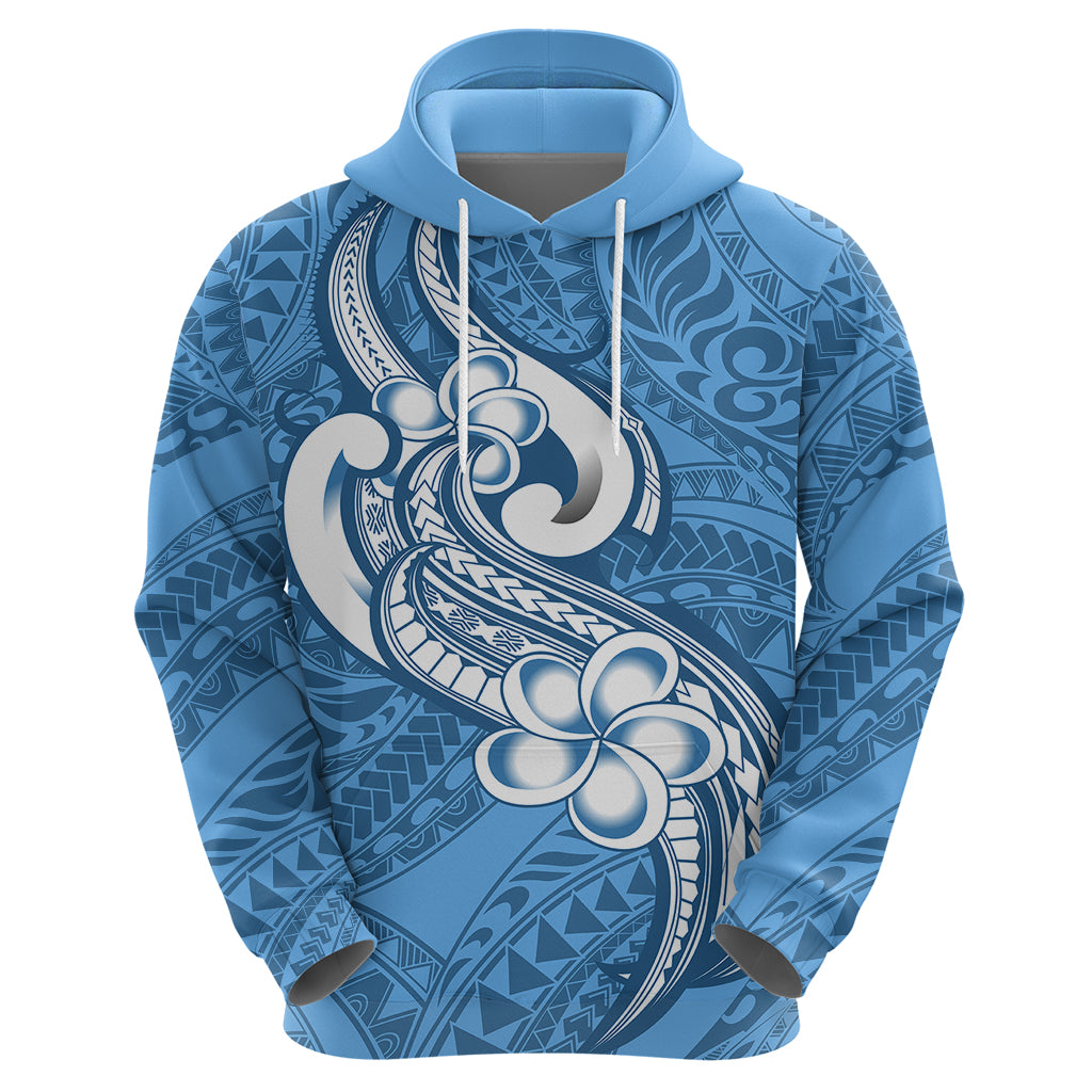 Polynesia Hoodie Plumeria With Tribal Pattern Blue Pastel Vibes - Wonder Print Shop