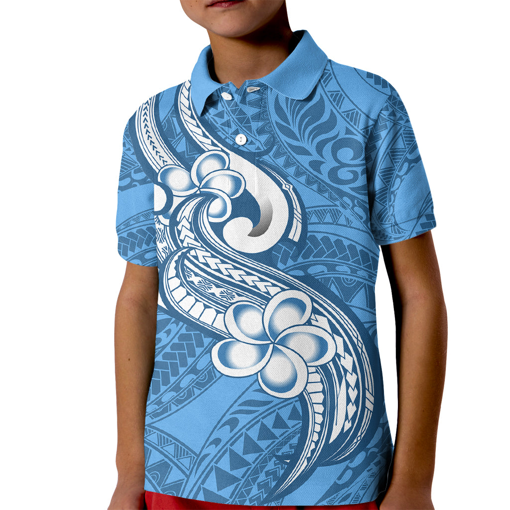 Polynesia Kid Polo Shirt Plumeria With Tribal Pattern Blue Pastel Vibes - Wonder Print Shop