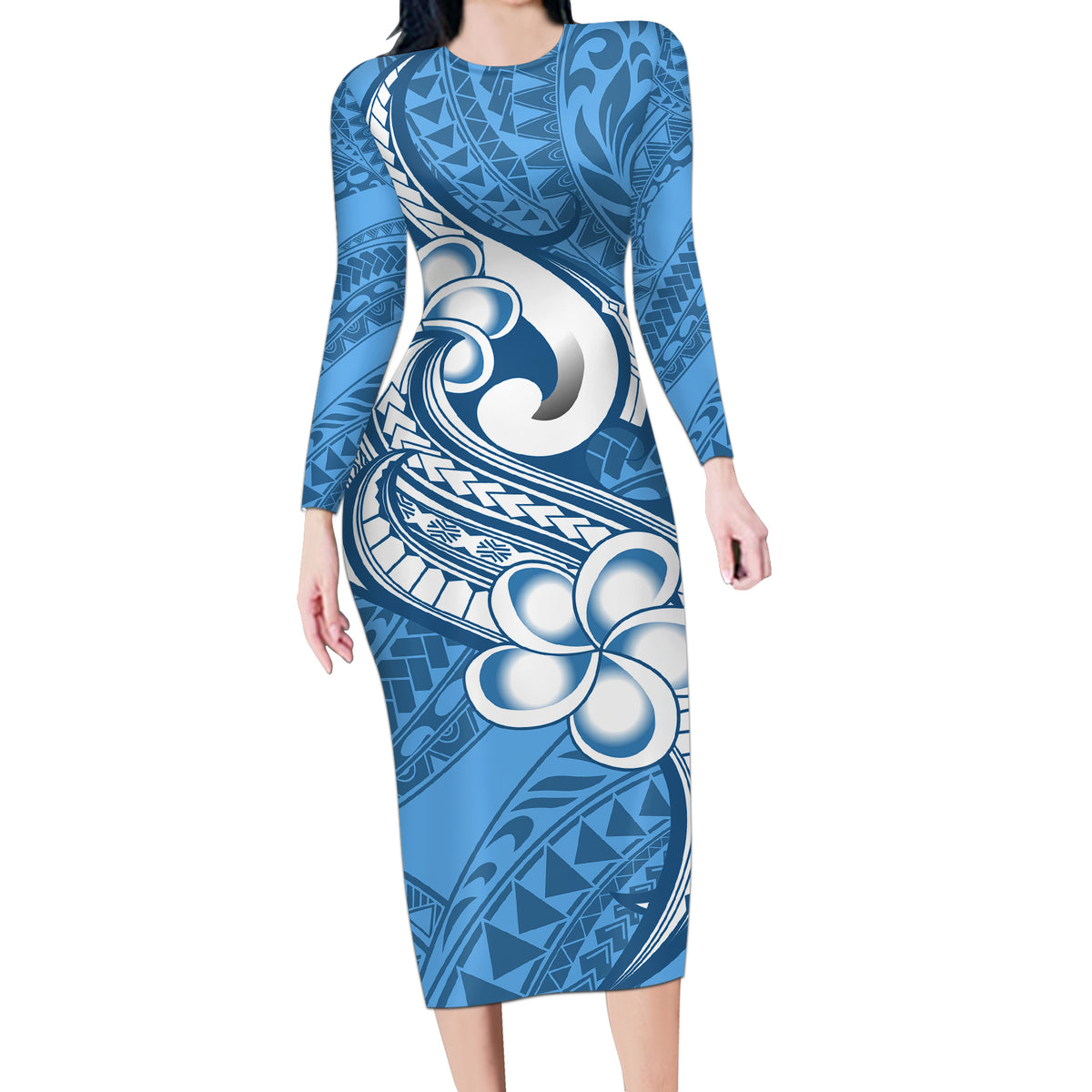 Polynesia Long Sleeve Bodycon Dress Plumeria With Tribal Pattern Blue Pastel Vibes - Wonder Print Shop