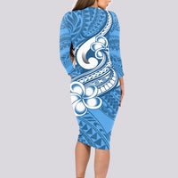Polynesia Long Sleeve Bodycon Dress Plumeria With Tribal Pattern Blue Pastel Vibes - Wonder Print Shop