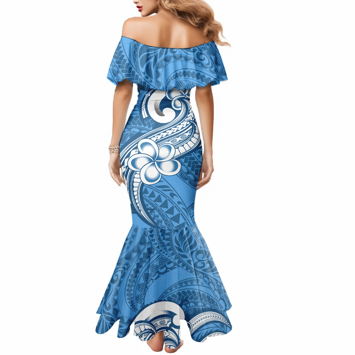 Polynesia Mermaid Dress Plumeria With Tribal Pattern Blue Pastel Vibes - Wonder Print Shop