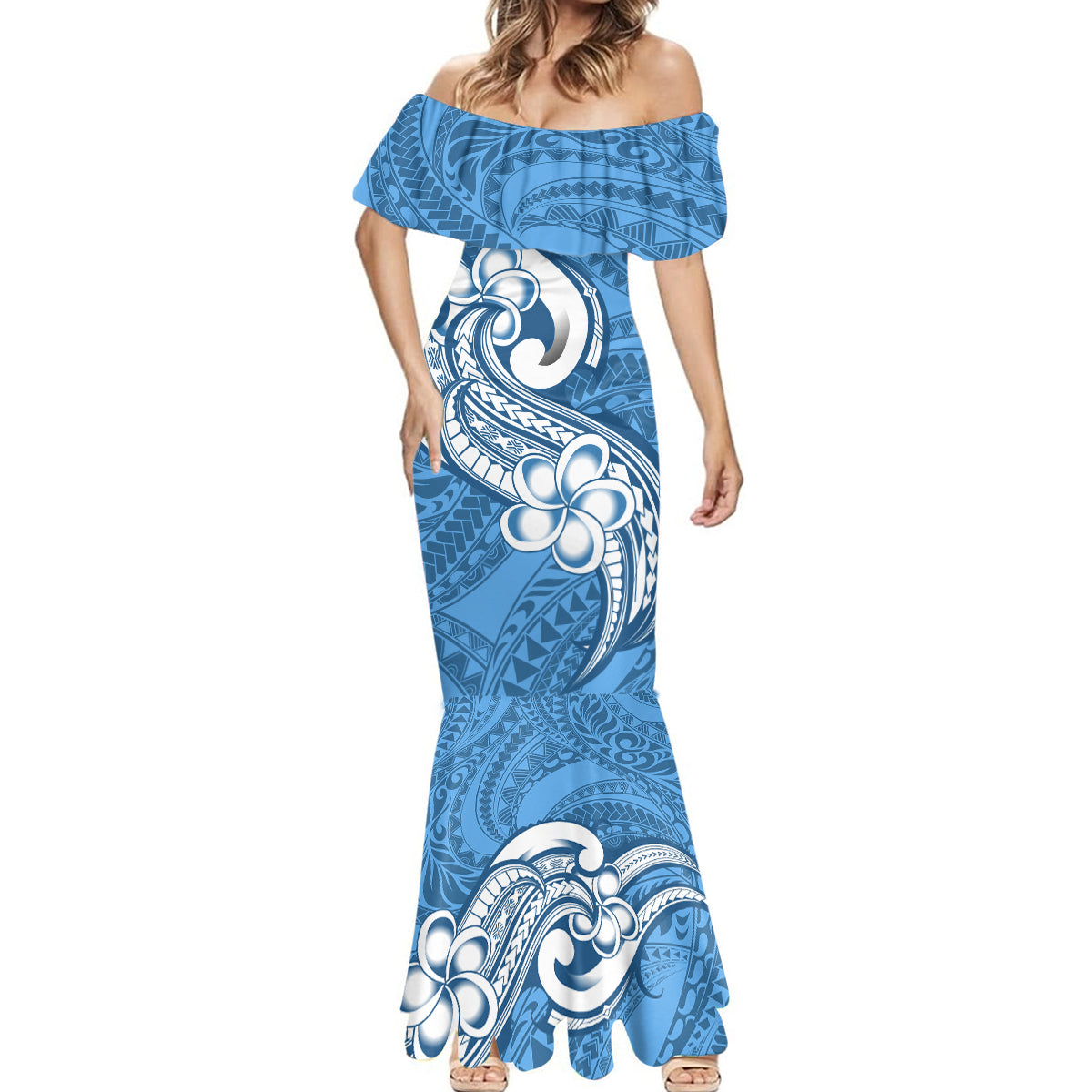 Polynesia Mermaid Dress Plumeria With Tribal Pattern Blue Pastel Vibes - Wonder Print Shop