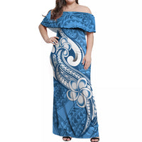 Polynesia Off Shoulder Maxi Dress Plumeria With Tribal Pattern Blue Pastel Vibes - Wonder Print Shop