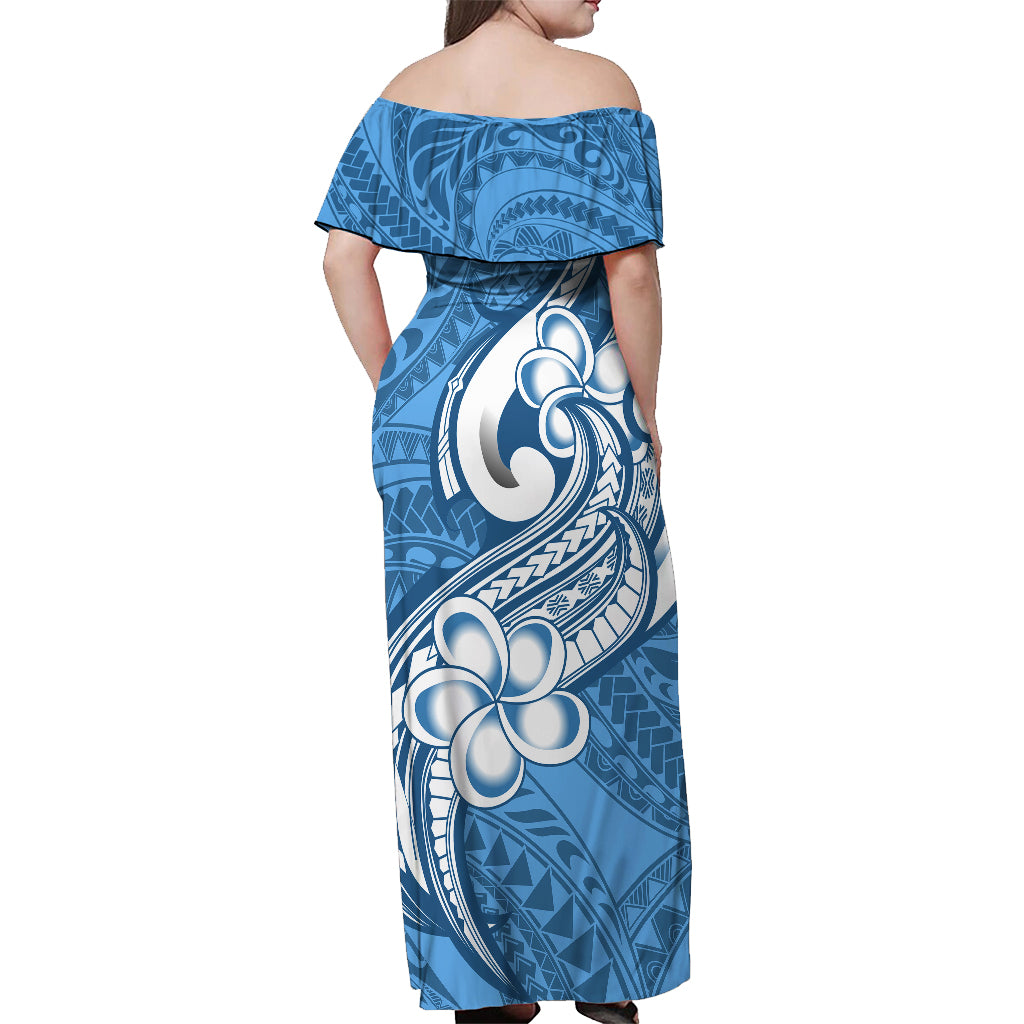 Polynesia Off Shoulder Maxi Dress Plumeria With Tribal Pattern Blue Pastel Vibes - Wonder Print Shop