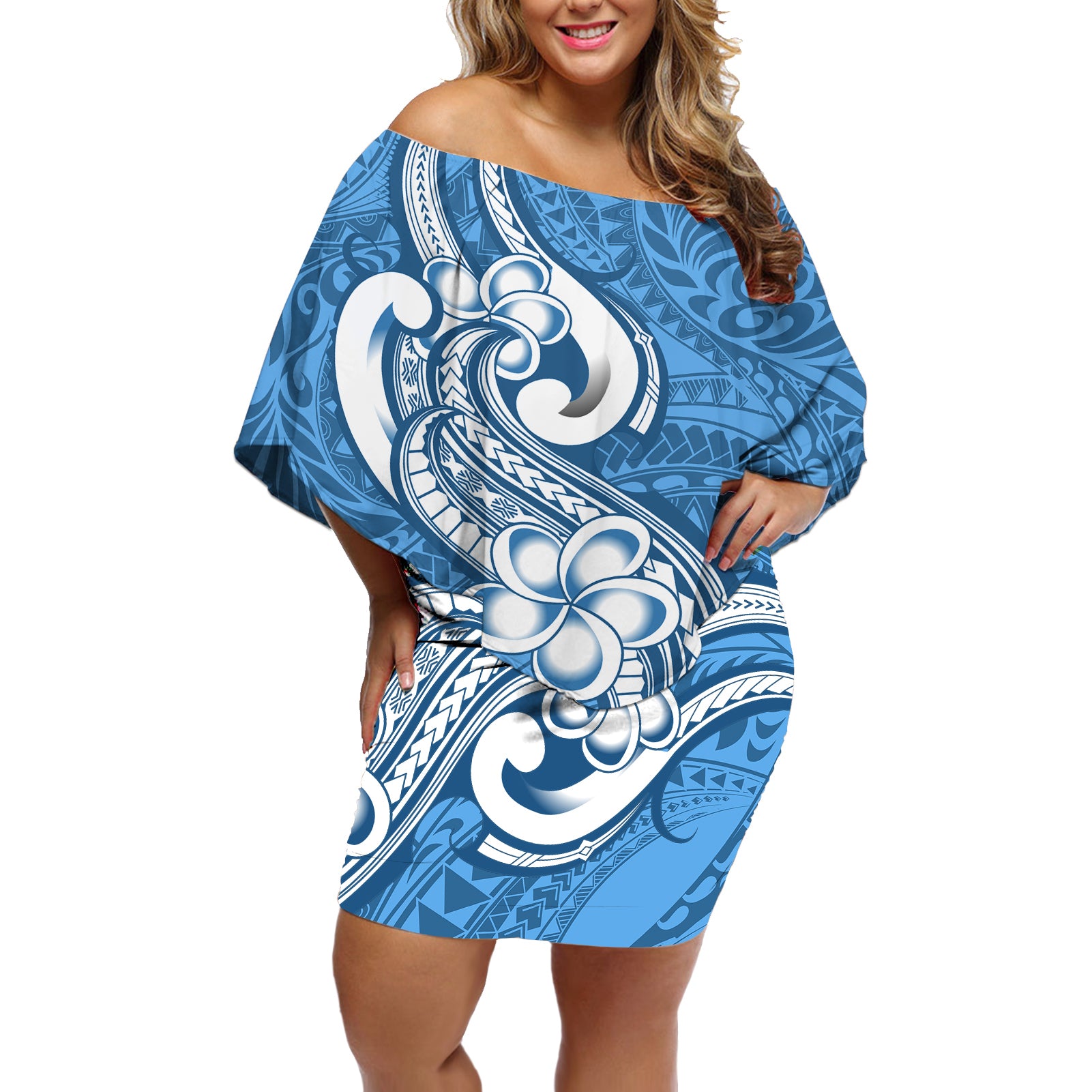 Polynesia Off Shoulder Short Dress Plumeria With Tribal Pattern Blue Pastel Vibes - Wonder Print Shop