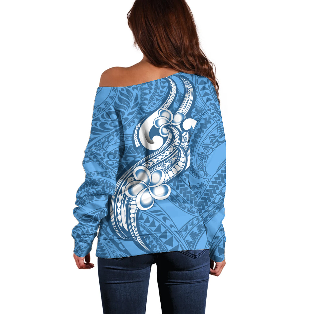Polynesia Off Shoulder Sweater Plumeria With Tribal Pattern Blue Pastel Vibes - Wonder Print Shop