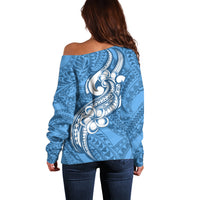 Polynesia Off Shoulder Sweater Plumeria With Tribal Pattern Blue Pastel Vibes - Wonder Print Shop