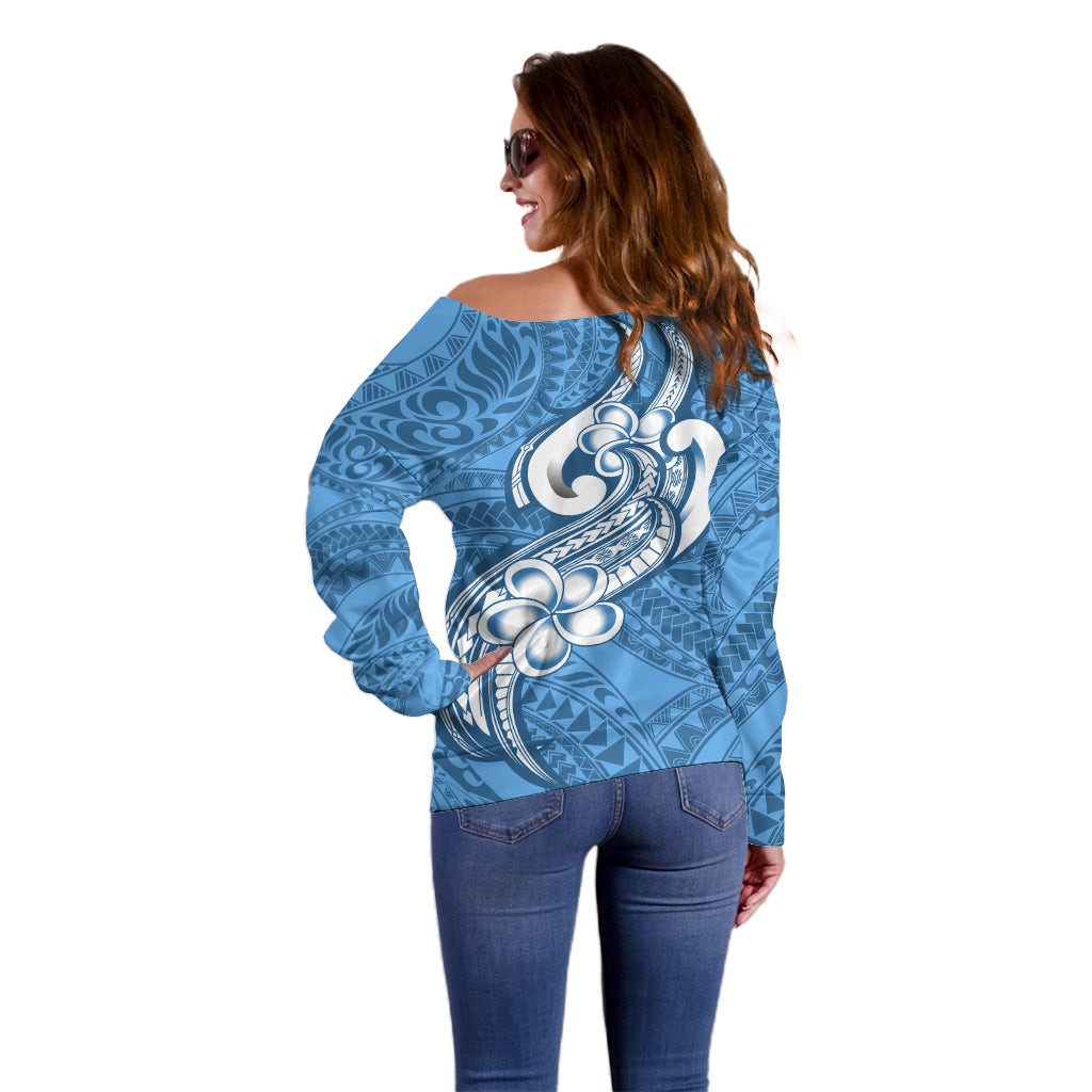 Polynesia Off Shoulder Sweater Plumeria With Tribal Pattern Blue Pastel Vibes - Wonder Print Shop