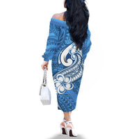 Polynesia Off The Shoulder Long Sleeve Dress Plumeria With Tribal Pattern Blue Pastel Vibes - Wonder Print Shop