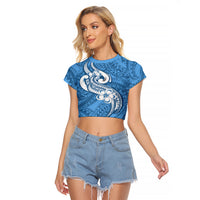 Polynesia Raglan Cropped T Shirt Plumeria With Tribal Pattern Blue Pastel Vibes - Wonder Print Shop