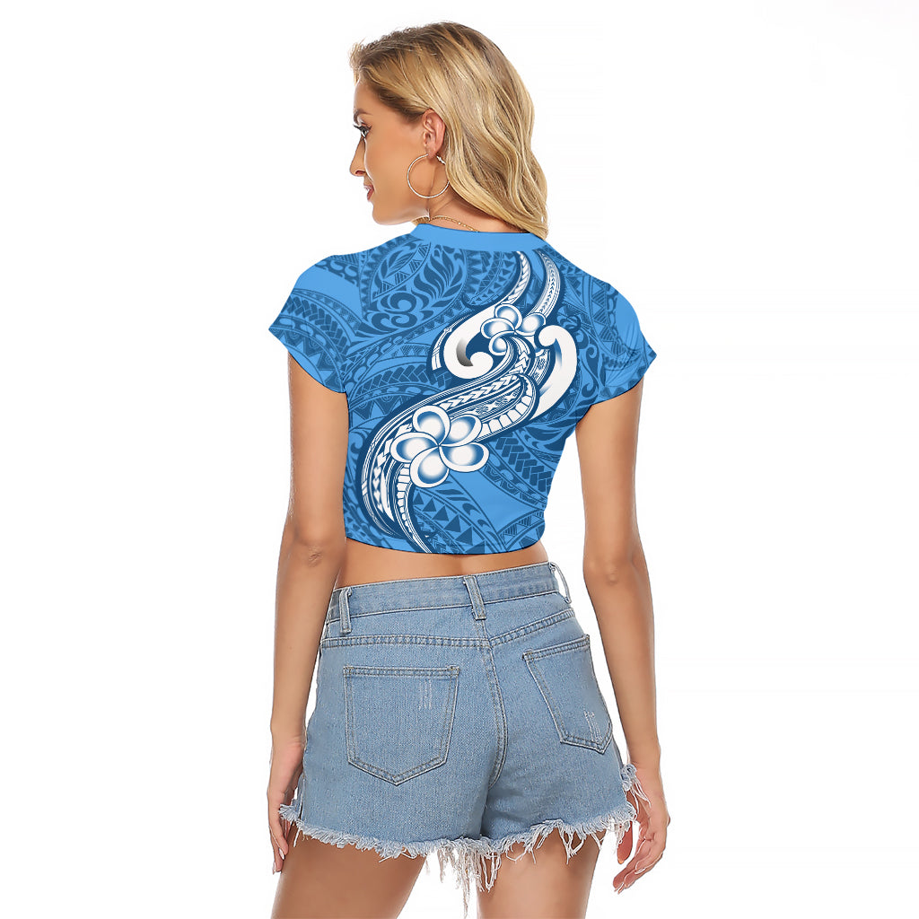 Polynesia Raglan Cropped T Shirt Plumeria With Tribal Pattern Blue Pastel Vibes - Wonder Print Shop