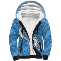 Polynesia Sherpa Hoodie Plumeria With Tribal Pattern Blue Pastel Vibes - Wonder Print Shop