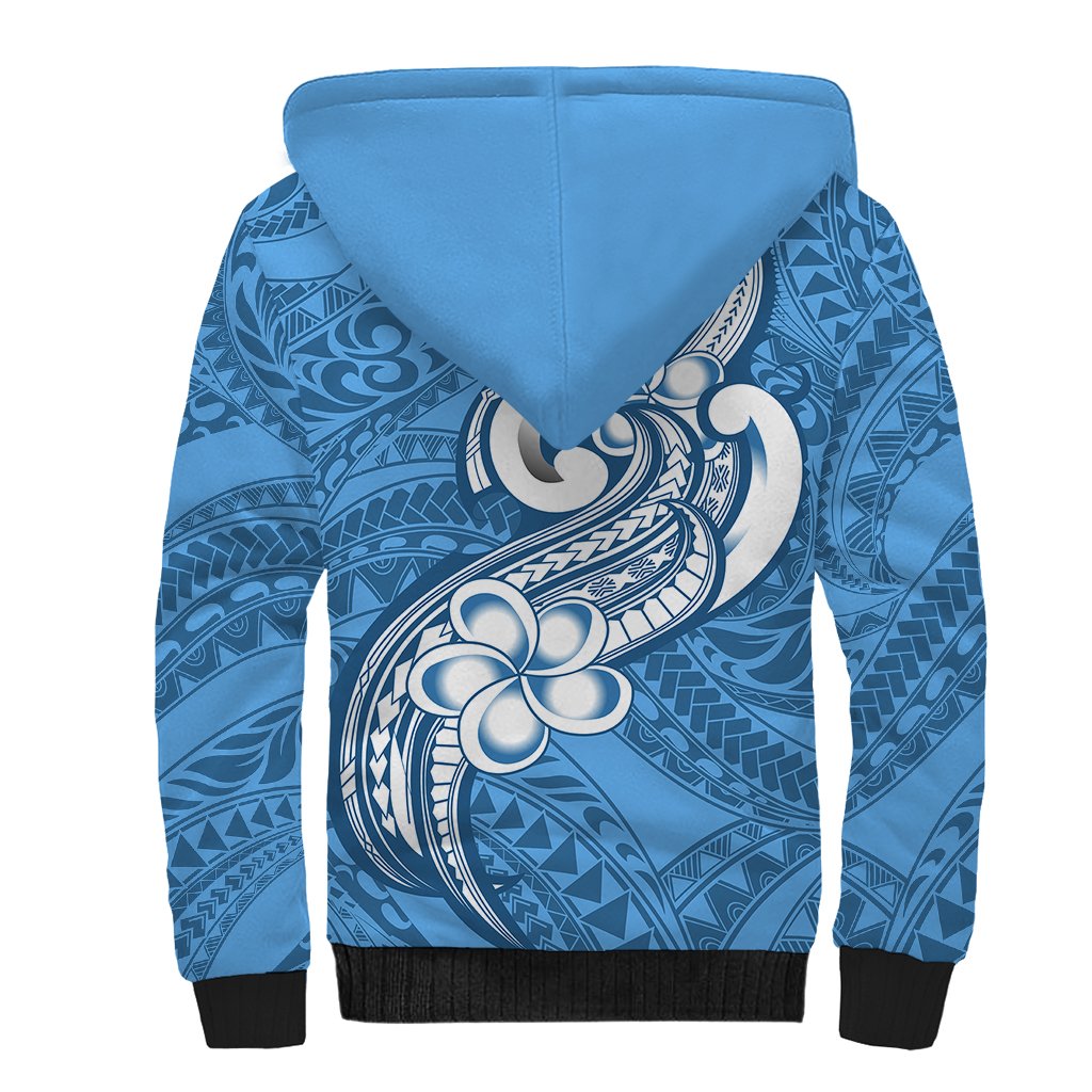 Polynesia Sherpa Hoodie Plumeria With Tribal Pattern Blue Pastel Vibes - Wonder Print Shop