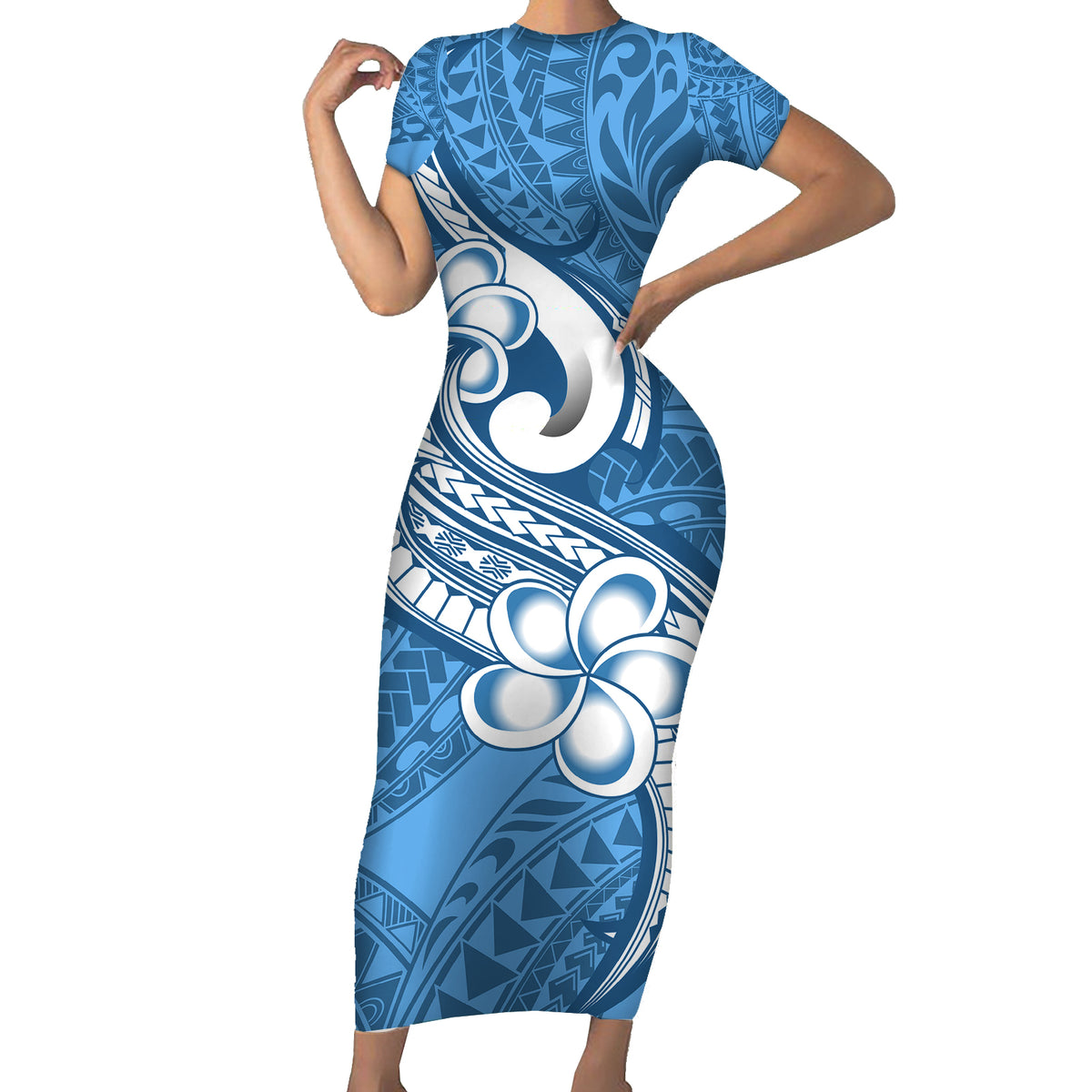 Polynesia Short Sleeve Bodycon Dress Plumeria With Tribal Pattern Blue Pastel Vibes - Wonder Print Shop