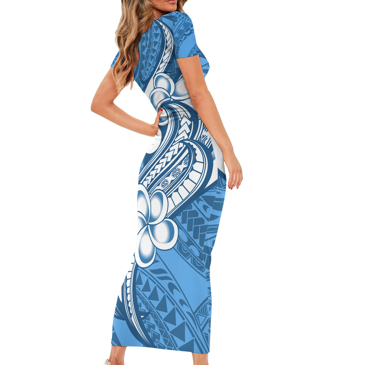Polynesia Short Sleeve Bodycon Dress Plumeria With Tribal Pattern Blue Pastel Vibes - Wonder Print Shop