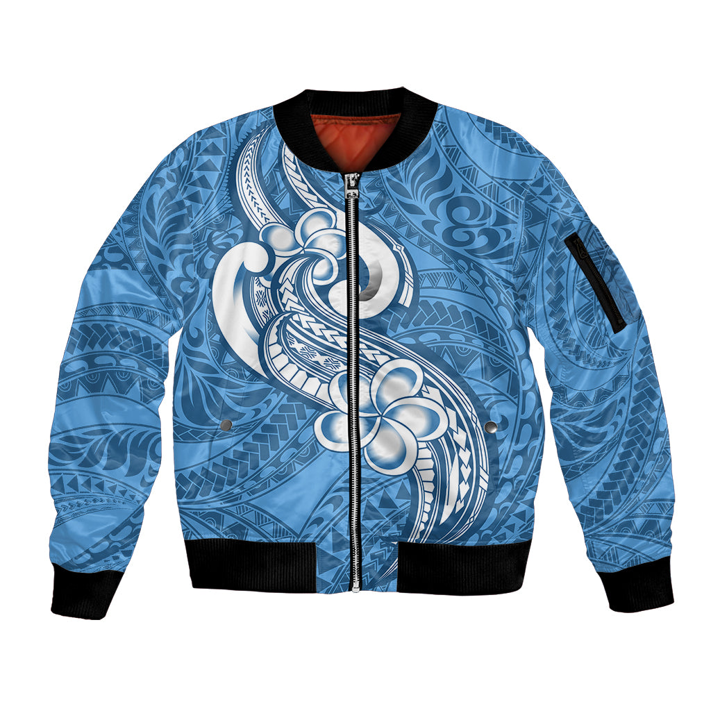 Polynesia Sleeve Zip Bomber Jacket Plumeria With Tribal Pattern Blue Pastel Vibes - Wonder Print Shop
