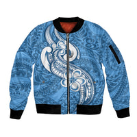 Polynesia Sleeve Zip Bomber Jacket Plumeria With Tribal Pattern Blue Pastel Vibes - Wonder Print Shop