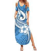 Polynesia Summer Maxi Dress Plumeria With Tribal Pattern Blue Pastel Vibes - Wonder Print Shop