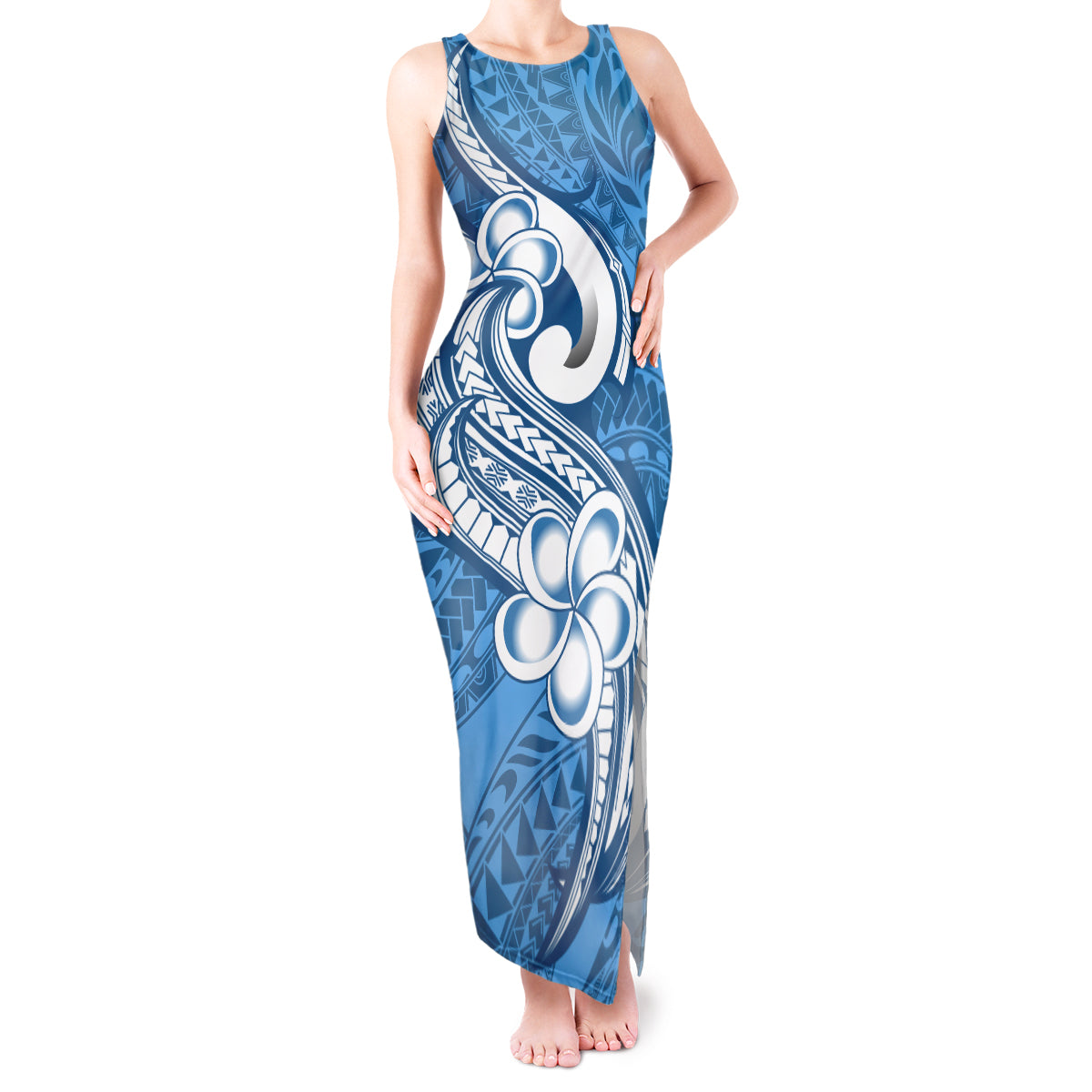 Polynesia Tank Maxi Dress Plumeria With Tribal Pattern Blue Pastel Vibes - Wonder Print Shop
