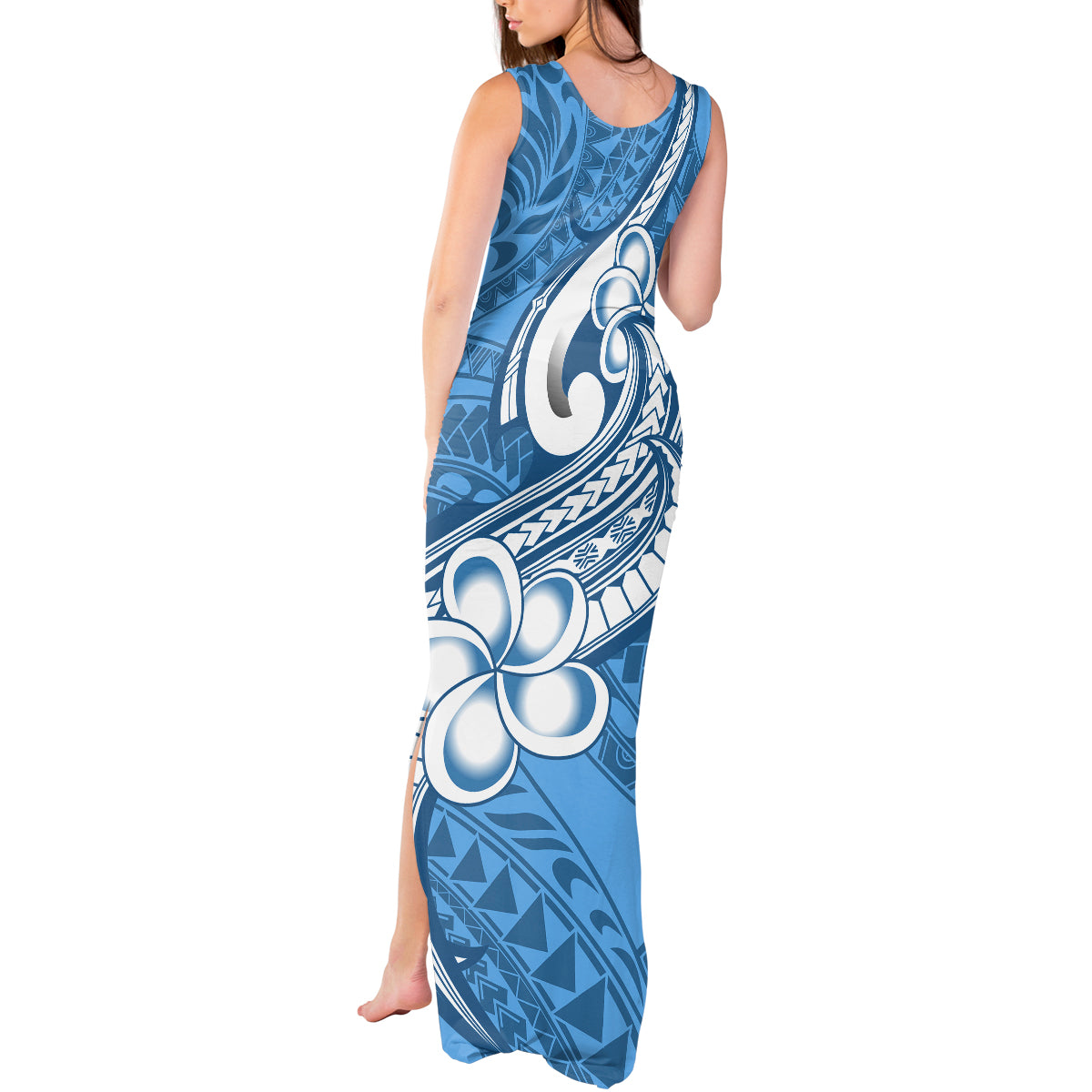 Polynesia Tank Maxi Dress Plumeria With Tribal Pattern Blue Pastel Vibes - Wonder Print Shop