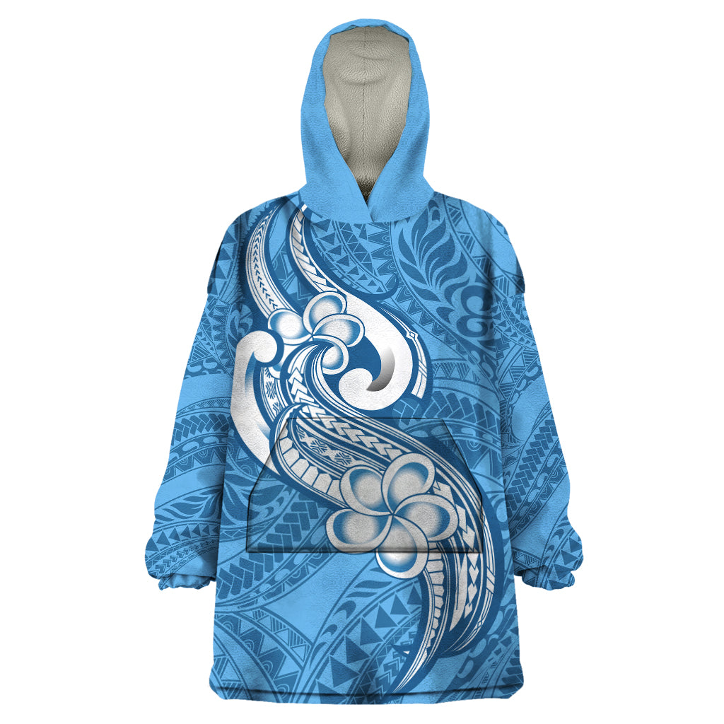 Polynesia Wearable Blanket Hoodie Plumeria With Tribal Pattern Blue Pastel Vibes - Wonder Print Shop