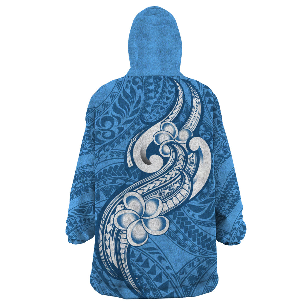 Polynesia Wearable Blanket Hoodie Plumeria With Tribal Pattern Blue Pastel Vibes - Wonder Print Shop