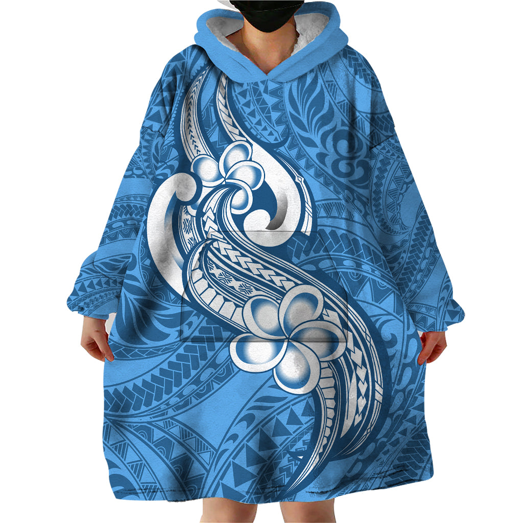 Polynesia Wearable Blanket Hoodie Plumeria With Tribal Pattern Blue Pastel Vibes - Wonder Print Shop