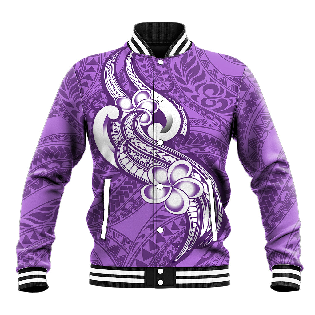 Polynesia Baseball Jacket Plumeria With Tribal Pattern Purple Pastel Vibes - Wonder Print Shop
