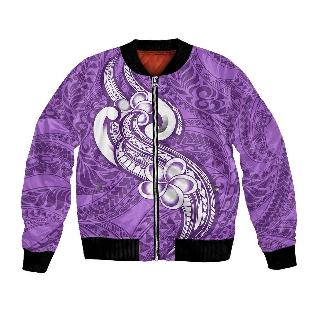Polynesia Bomber Jacket Plumeria With Tribal Pattern Purple Pastel Vibes - Wonder Print Shop