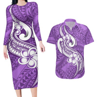 Polynesia Couples Matching Long Sleeve Bodycon Dress and Hawaiian Shirt Plumeria With Tribal Pattern Purple Pastel Vibes - Wonder Print Shop