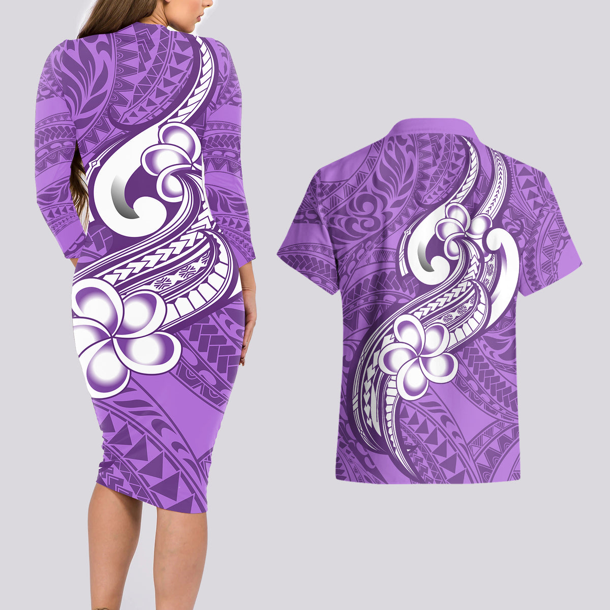 Polynesia Couples Matching Long Sleeve Bodycon Dress and Hawaiian Shirt Plumeria With Tribal Pattern Purple Pastel Vibes - Wonder Print Shop