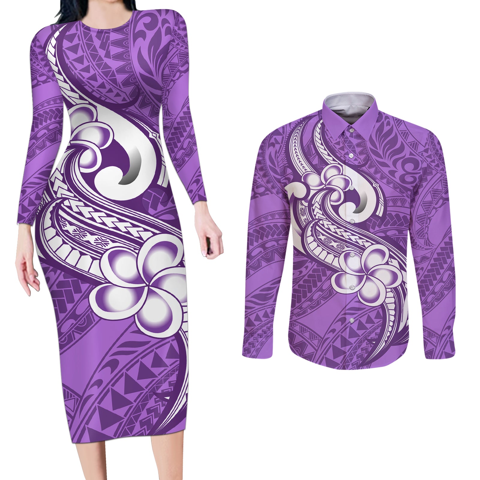 Polynesia Couples Matching Long Sleeve Bodycon Dress and Long Sleeve Button Shirts Plumeria With Tribal Pattern Purple Pastel Vibes - Wonder Print Shop
