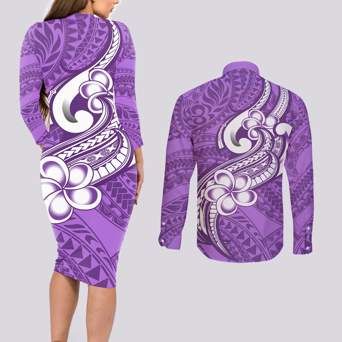 Polynesia Couples Matching Long Sleeve Bodycon Dress and Long Sleeve Button Shirts Plumeria With Tribal Pattern Purple Pastel Vibes - Wonder Print Shop